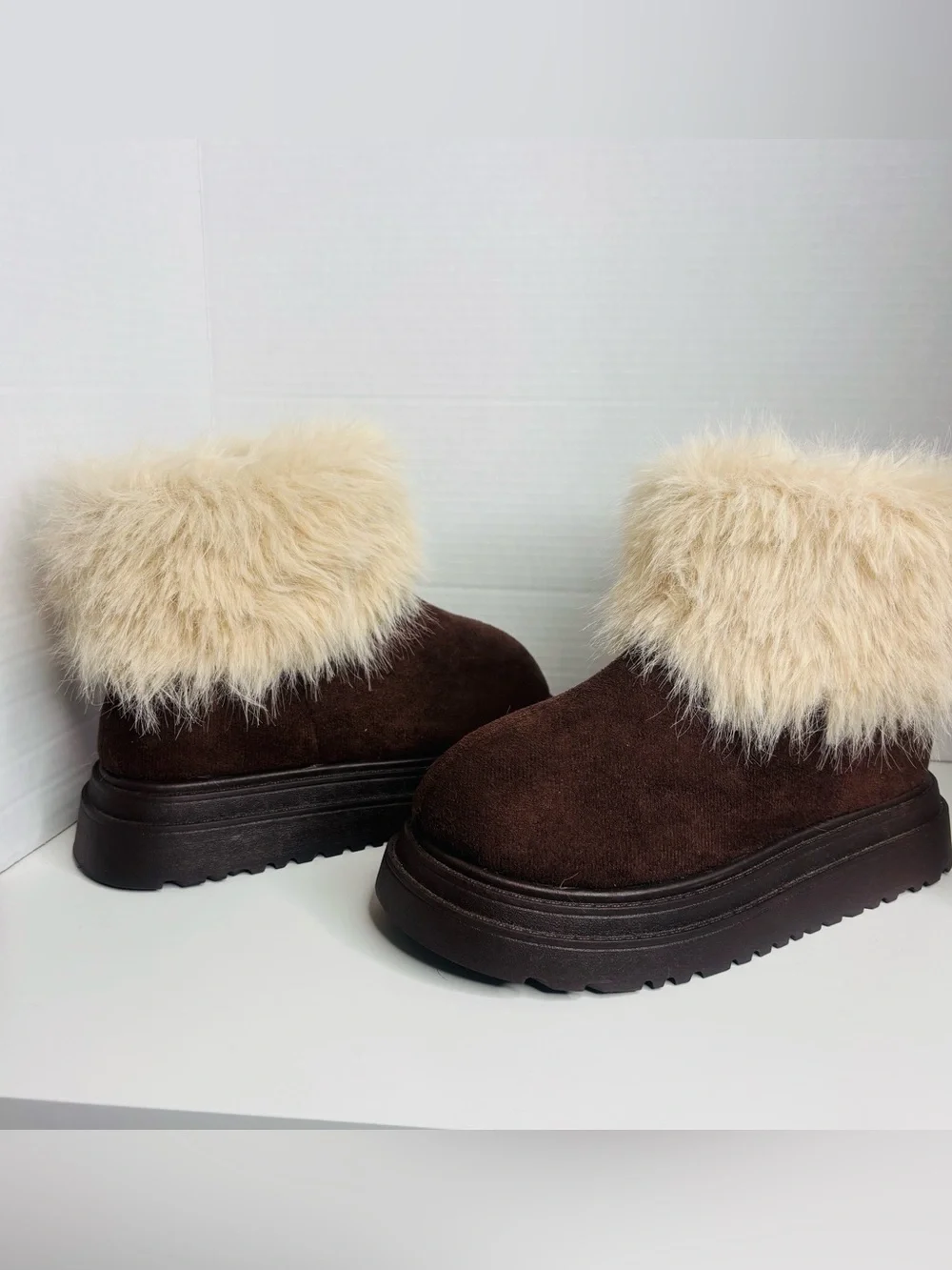 Women's Dark Brown Faux Suede Ankle Boots with Cream Faux-Fur Cuff